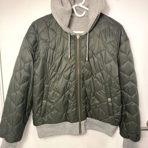 Gap Reversible Fleece Lined Puffer Jacket Hoodie Medium Green Heather Grey